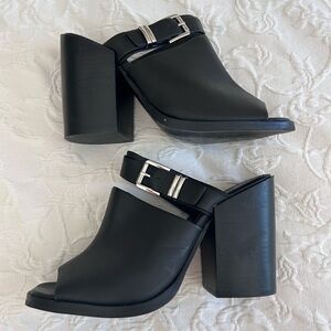 Forever 21 Black Block Heel Mules with Silver Buckle